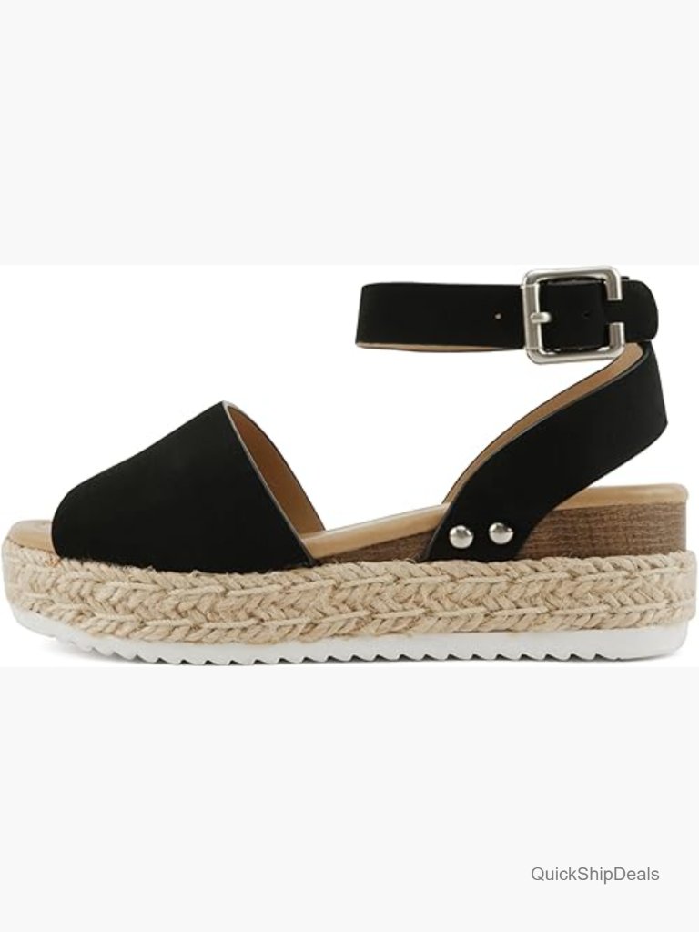 Synthetic Leather Espadrille Wedge Sandals With Adjustable Ankle Strap
